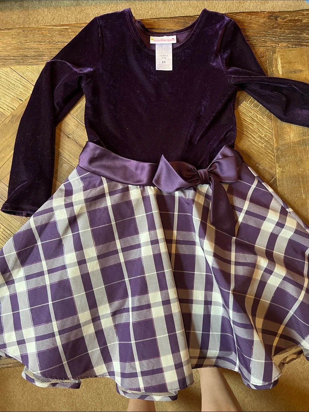 Ashley Ann Purple Velvet Top with Plaid Skirt & Satin Bow size 6x